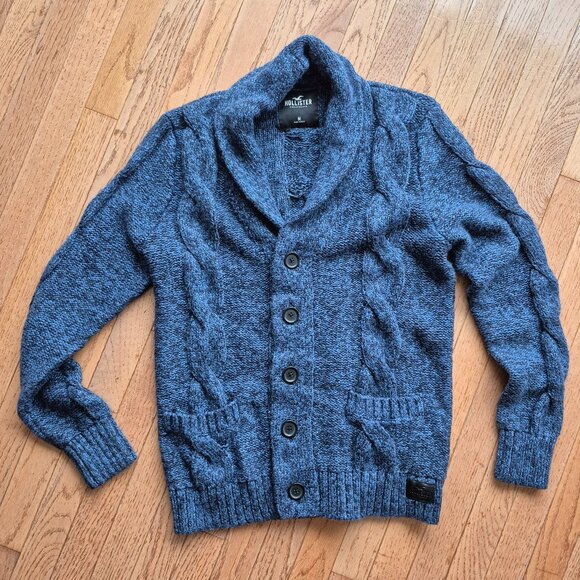Hollister Cardigan Sweater Blue Knit Cotton Pockets Shawl Collar Medium - Picture 1 of 10